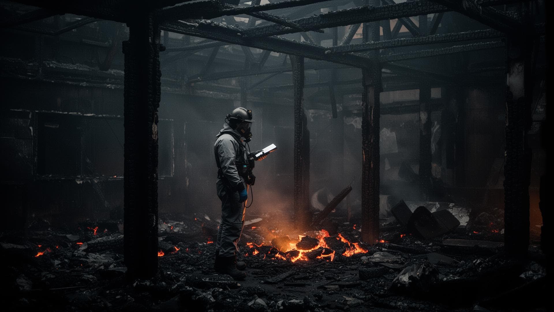 Investigador forense documentando cena de incêndio em estrutura industrial
